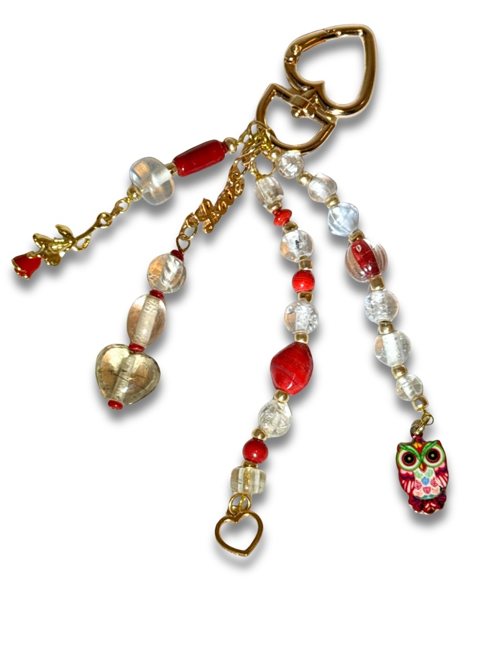 Upcycled Red Glass Bead Owl Purse Charm Goldtone One of a Kind